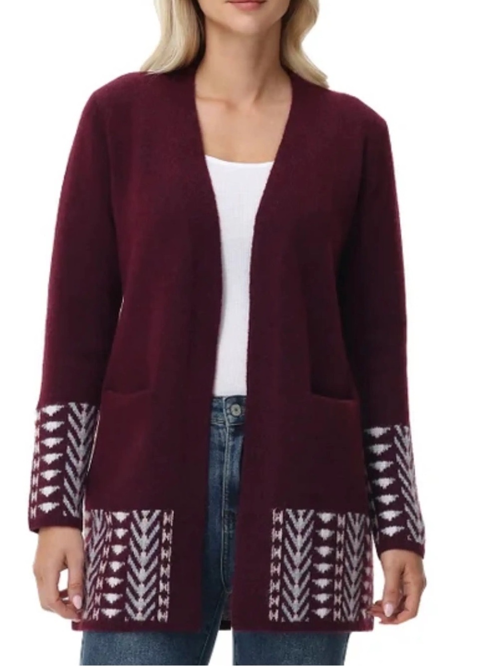 Frye Burgundy Open Front Long Sleeve Geometric Patterned plush Long Cardigan XL
